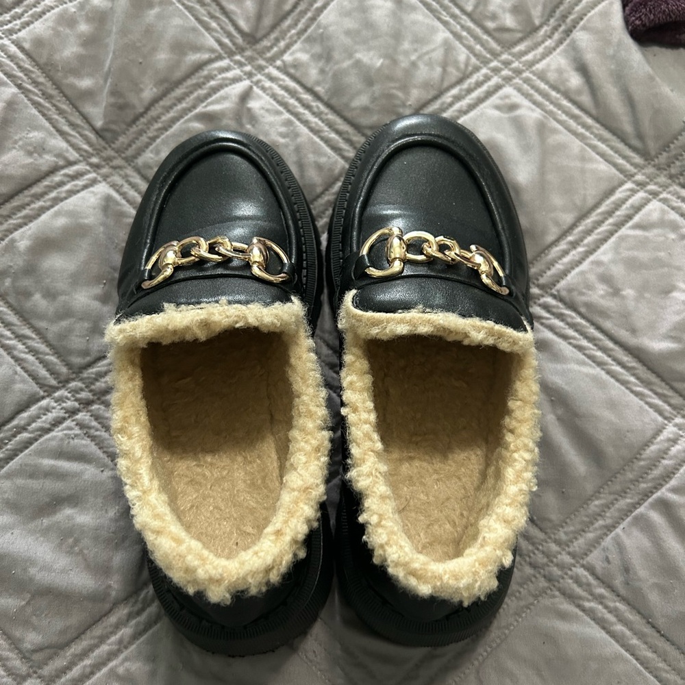 Black Loafers with Gold Chain Detail